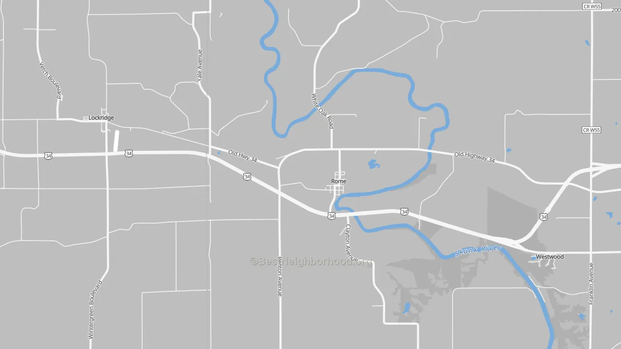 Walk Grade map of Rome, IA, walkable areas in green and car-dependent areas in red