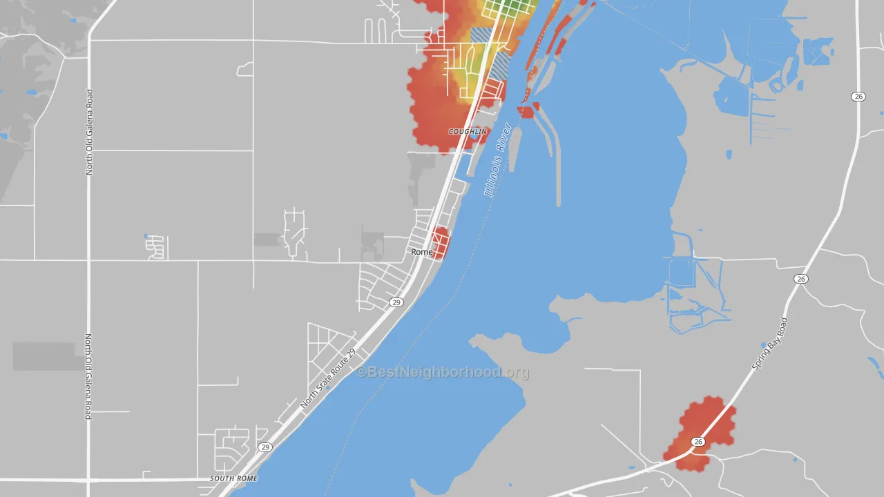 Walk Grade map of Rome, IL, walkable areas in green and car-dependent areas in red