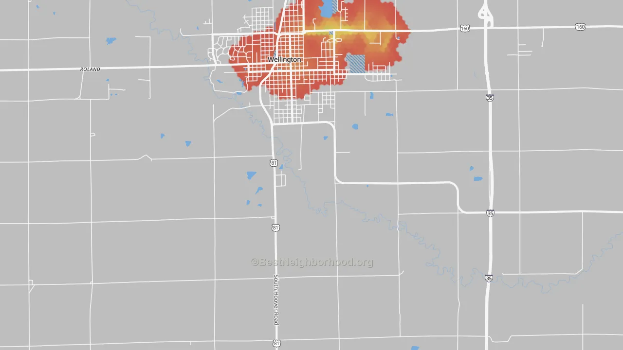 Walk Grade map of Rome, KS, walkable areas in green and car-dependent areas in red