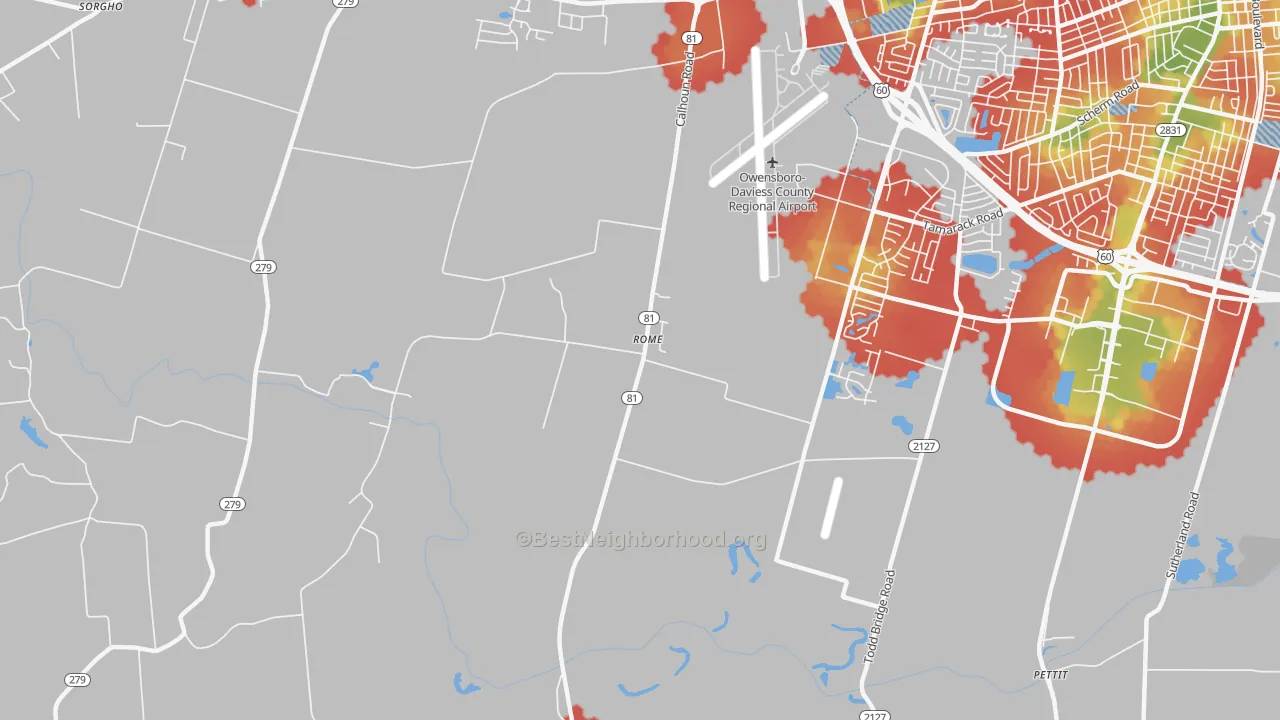 Walk Grade map of Rome, KY, walkable areas in green and car-dependent areas in red