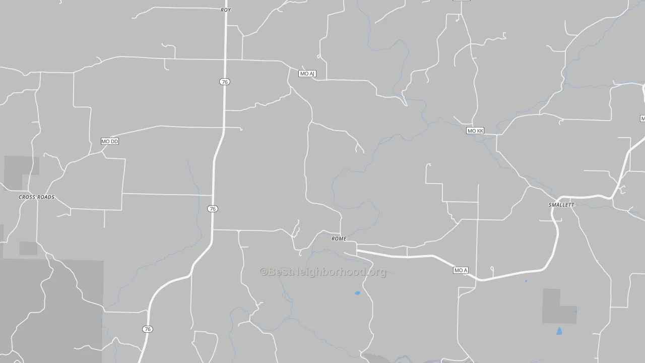 Walk Grade map of Rome, MO, walkable areas in green and car-dependent areas in red