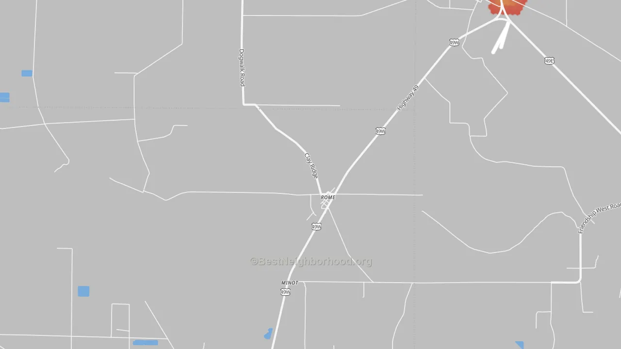 Walk Grade map of Rome, MS, walkable areas in green and car-dependent areas in red
