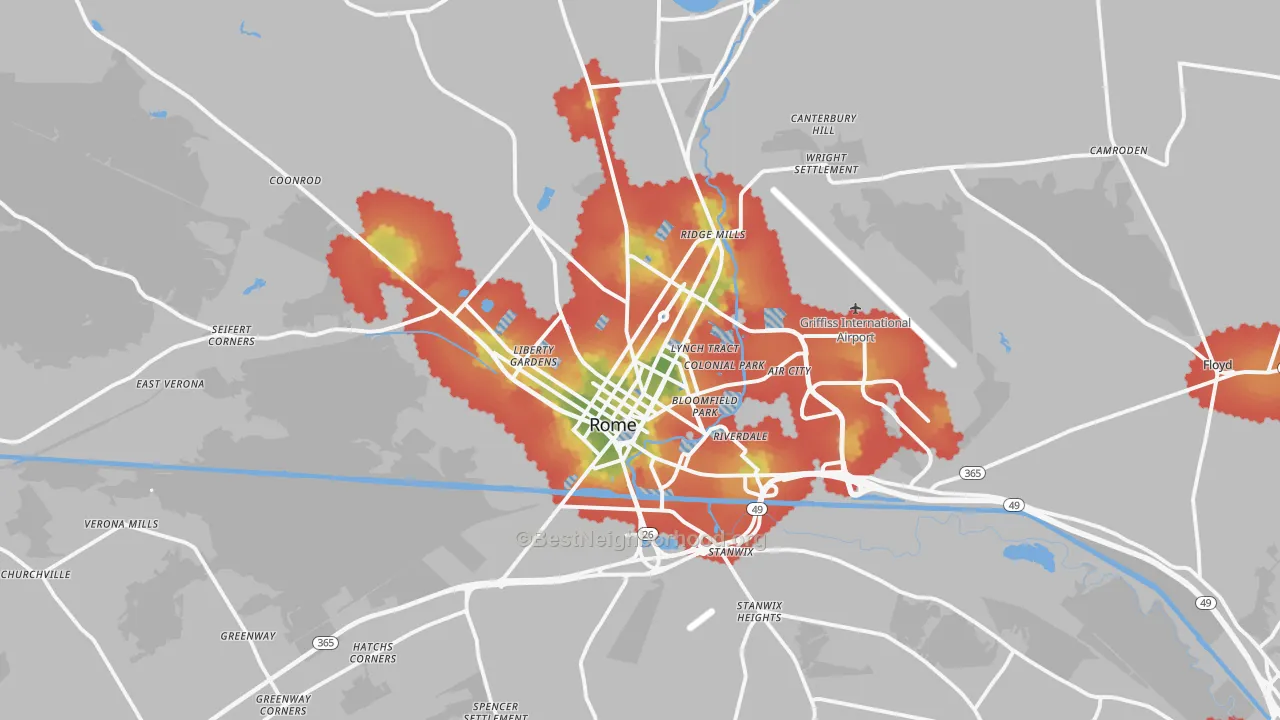 Walk Grade map of Rome, NY, walkable areas in green and car-dependent areas in red