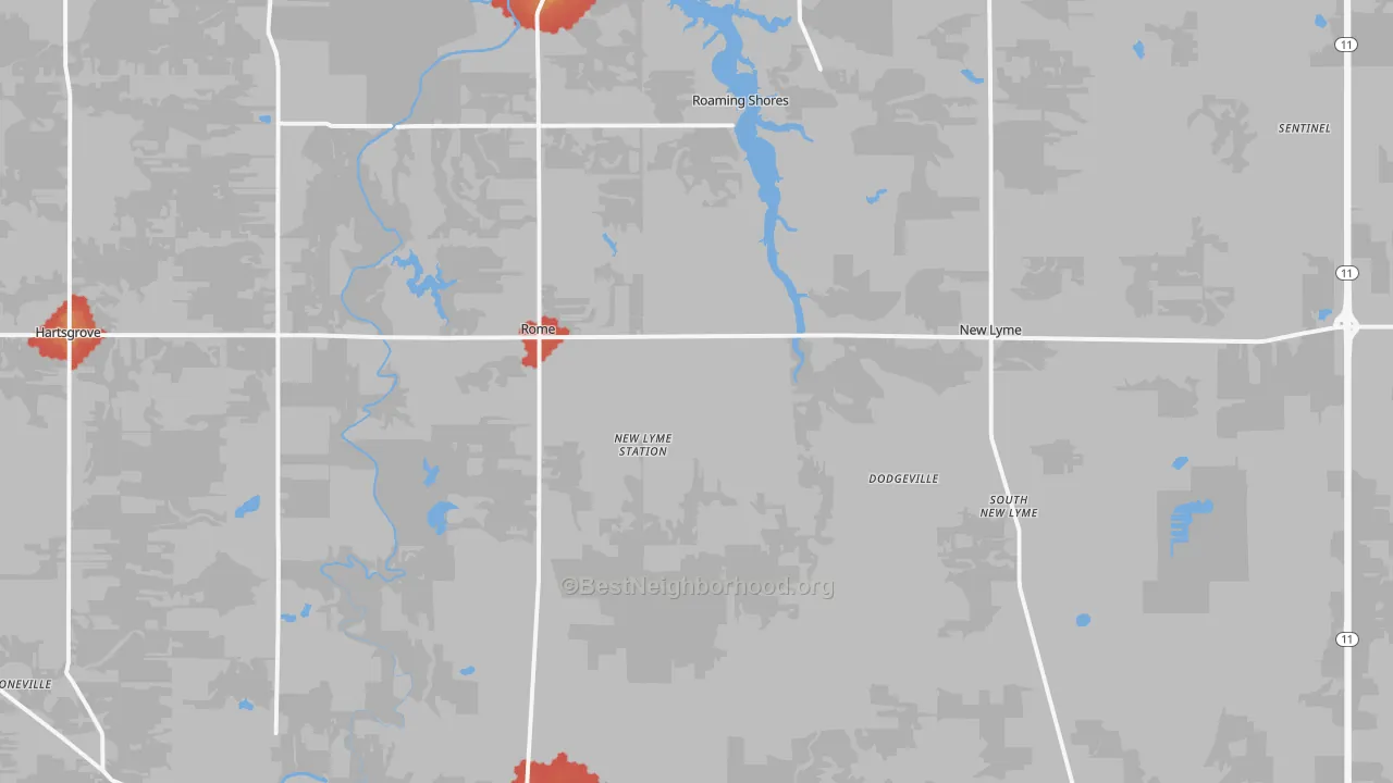 Walk Grade map of Rome, OH, walkable areas in green and car-dependent areas in red