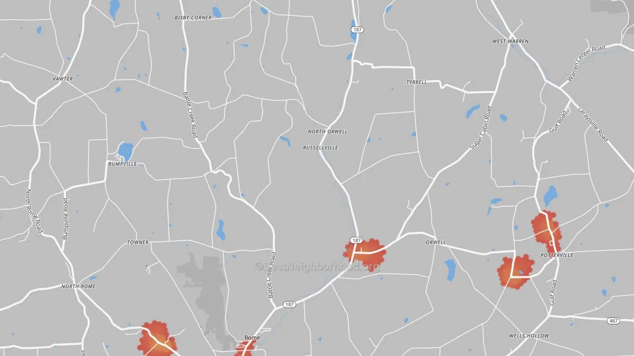 Walk Grade map of Rome, PA, walkable areas in green and car-dependent areas in red