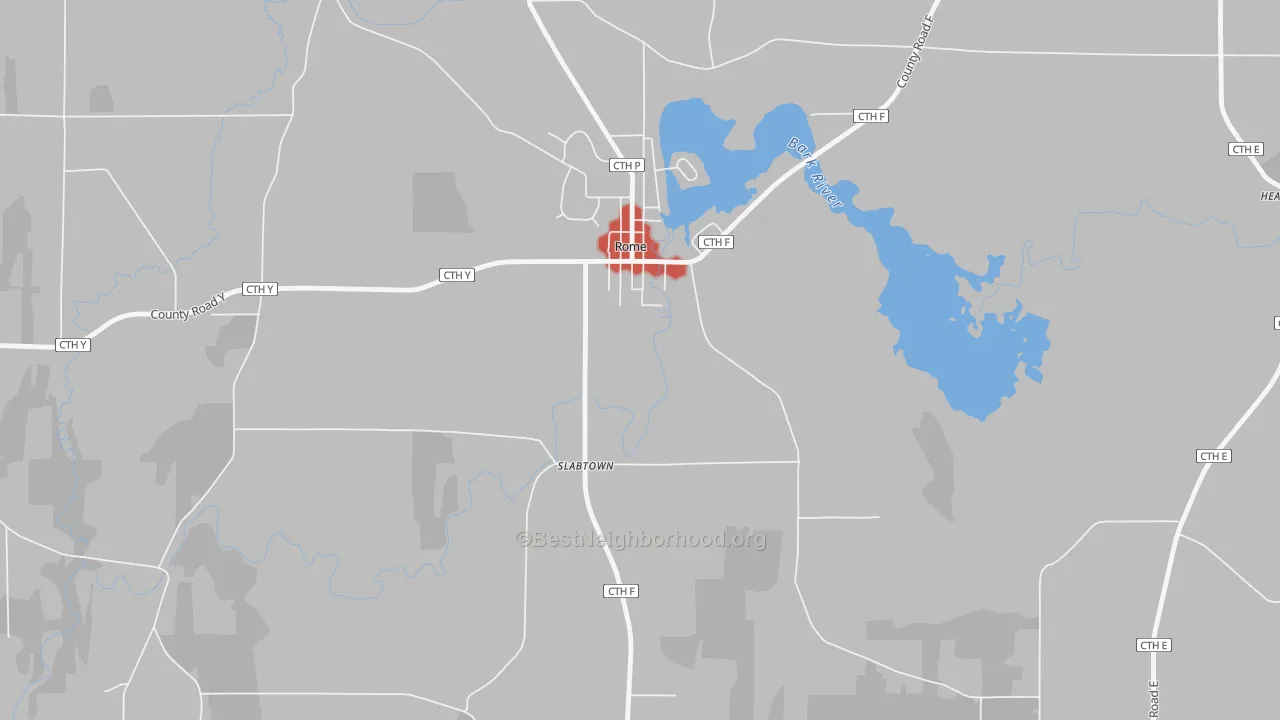 Walk Grade map of Rome, WI, walkable areas in green and car-dependent areas in red
