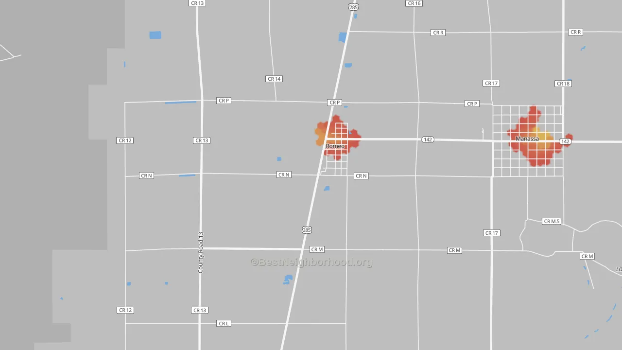 Walk Grade map of Romeo, CO, walkable areas in green and car-dependent areas in red