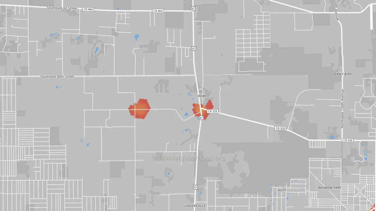 Walk Grade map of Romeo, FL, walkable areas in green and car-dependent areas in red