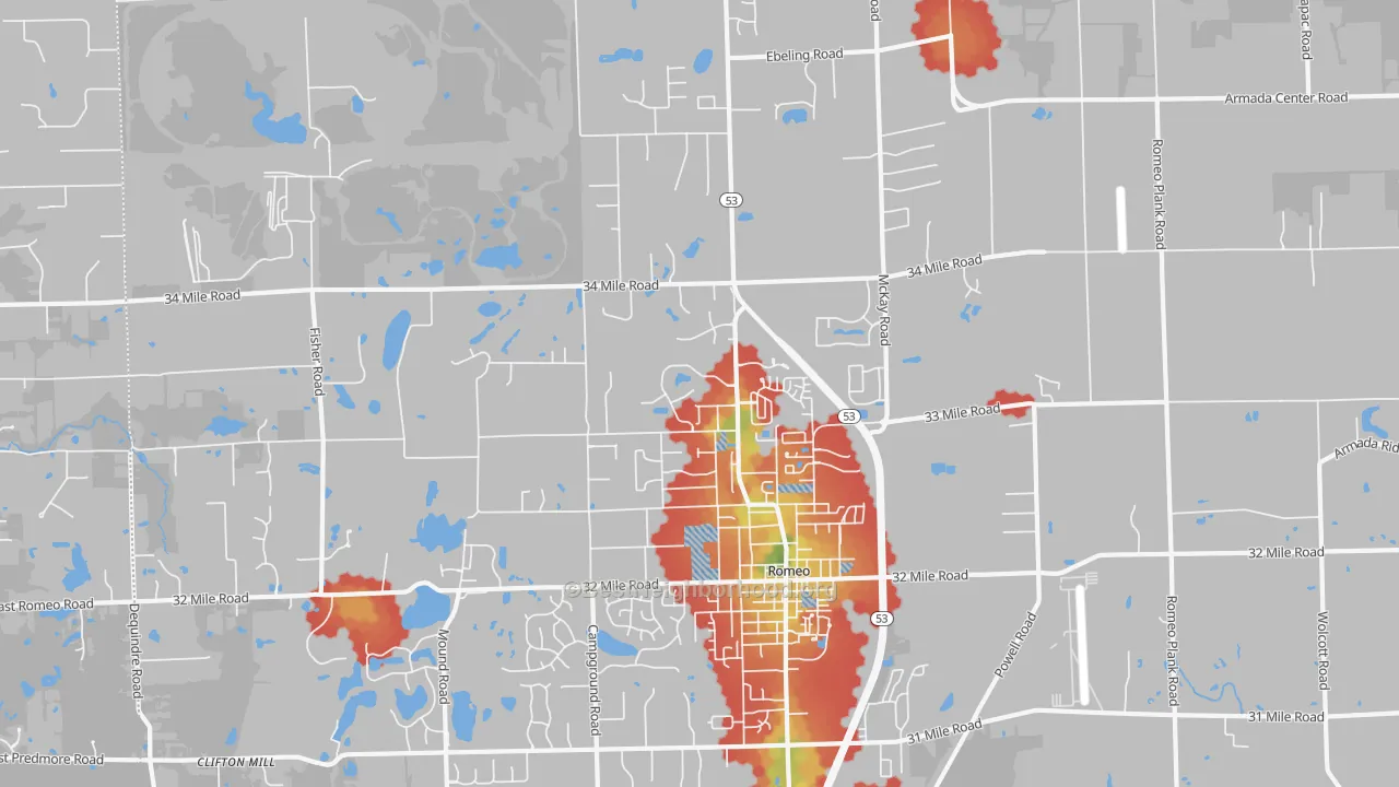 Walk Grade map of Romeo, MI, walkable areas in green and car-dependent areas in red