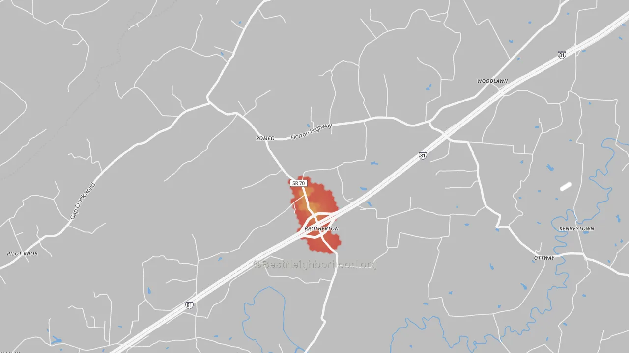 Walk Grade map of Romeo, TN, walkable areas in green and car-dependent areas in red