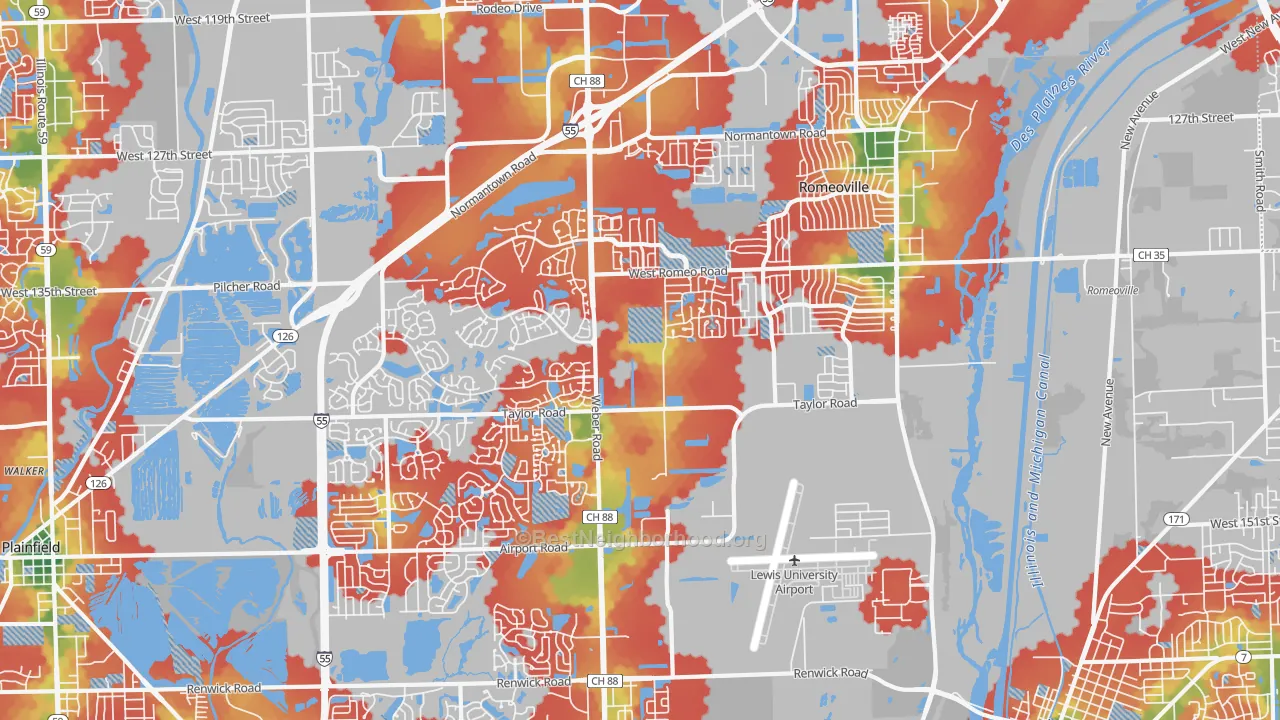 Walk Grade map of Romeoville, IL, walkable areas in green and car-dependent areas in red