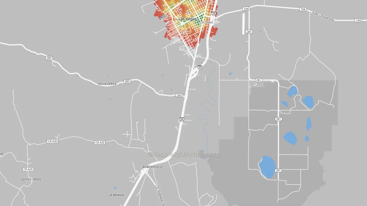 Walk Grade map of Romeroville, NM, walkable areas in green and car-dependent areas in red