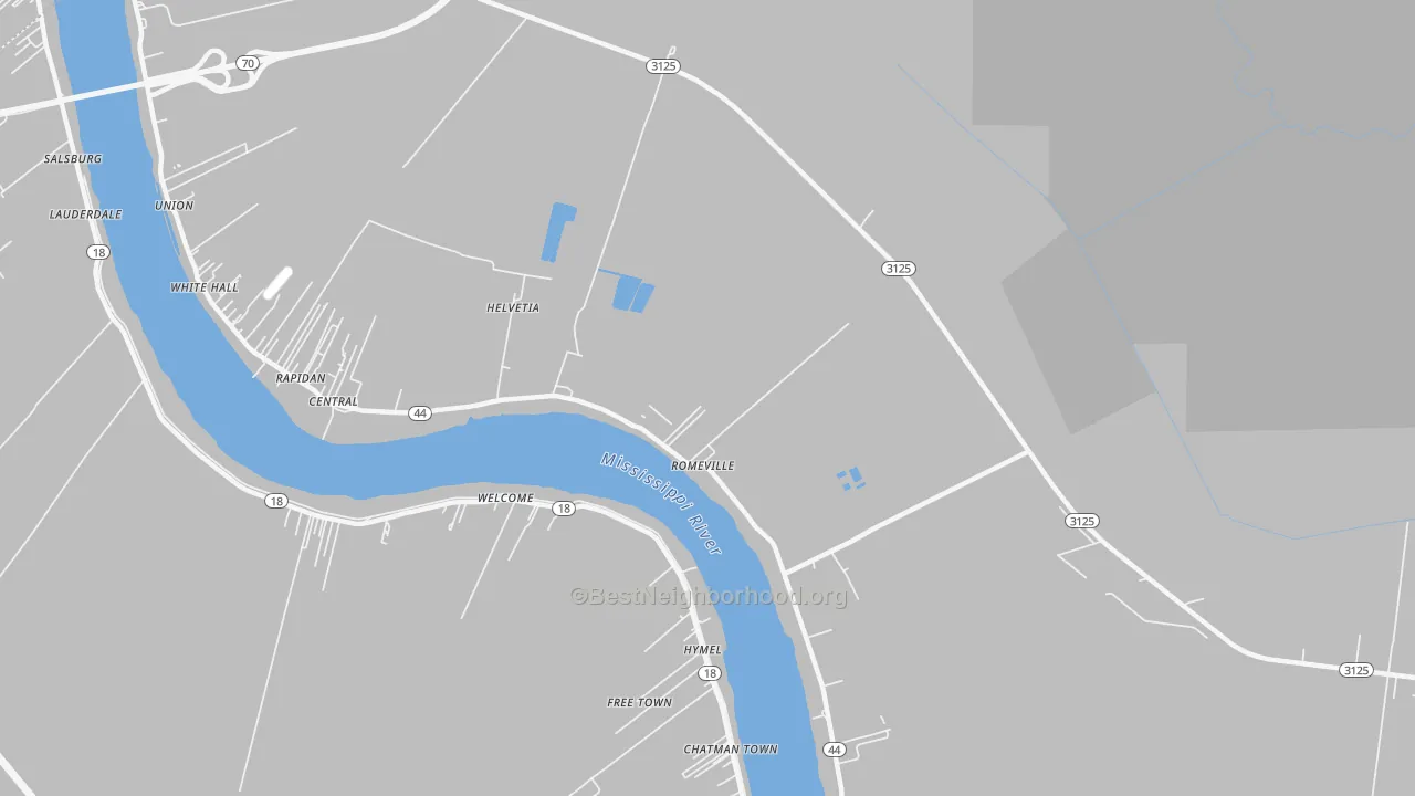 Walk Grade map of Romeville, LA, walkable areas in green and car-dependent areas in red