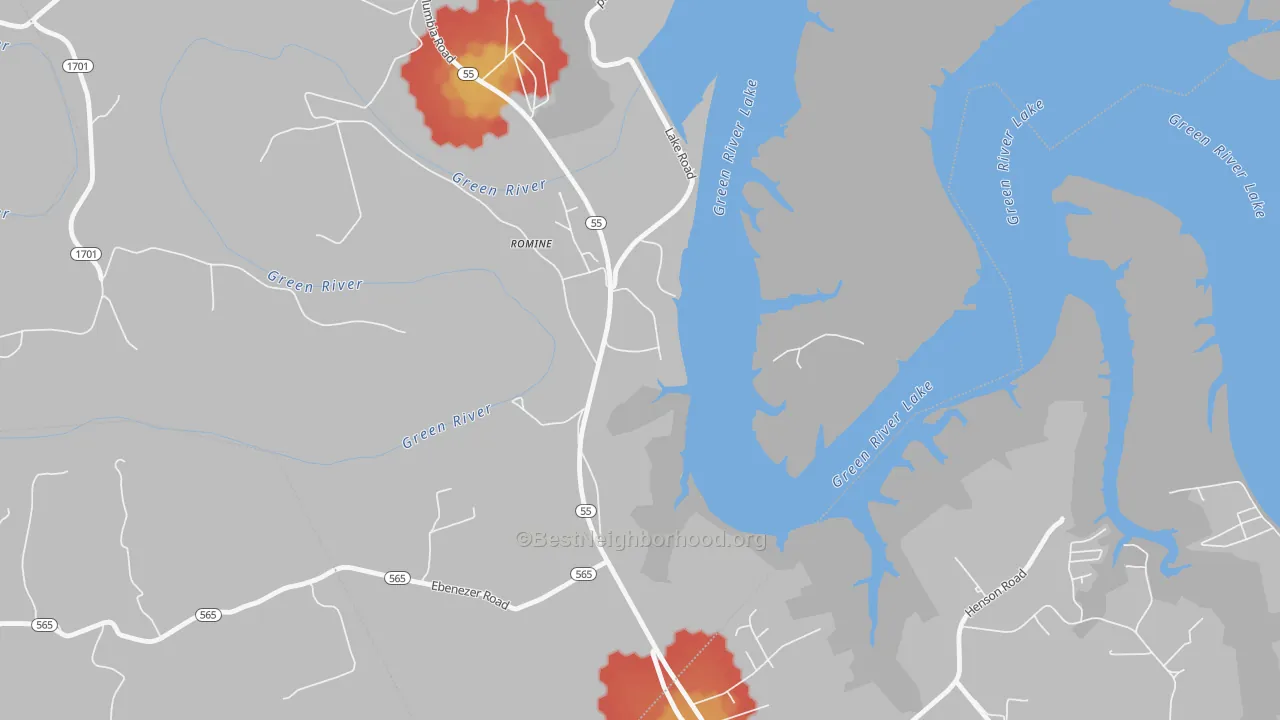 Walk Grade map of Romine, KY, walkable areas in green and car-dependent areas in red