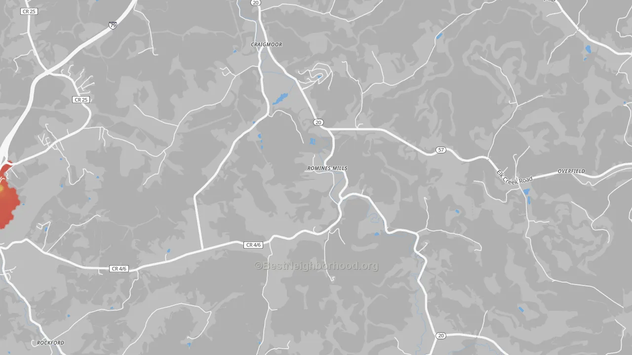 Walk Grade map of Romines Mills, WV, walkable areas in green and car-dependent areas in red