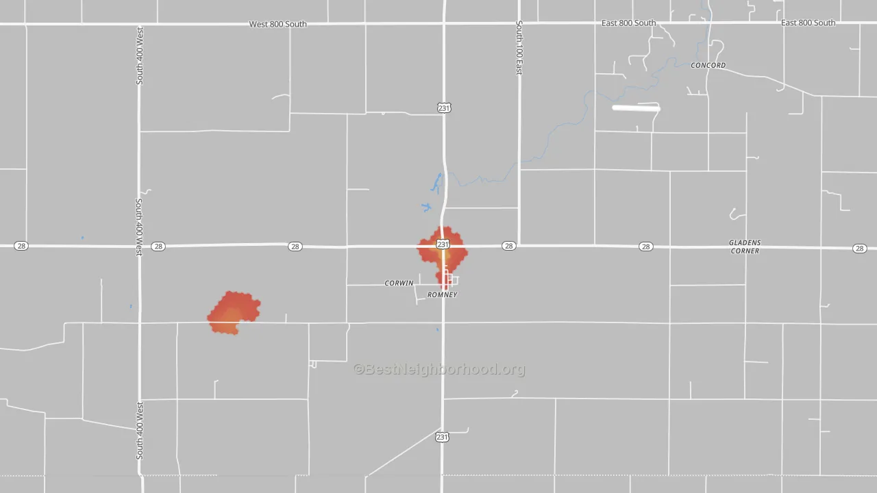 Walk Grade map of Romney, IN, walkable areas in green and car-dependent areas in red