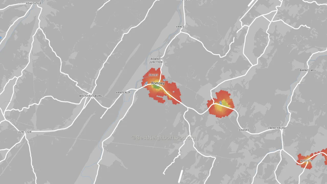 Walk Grade map of Romney, WV, walkable areas in green and car-dependent areas in red