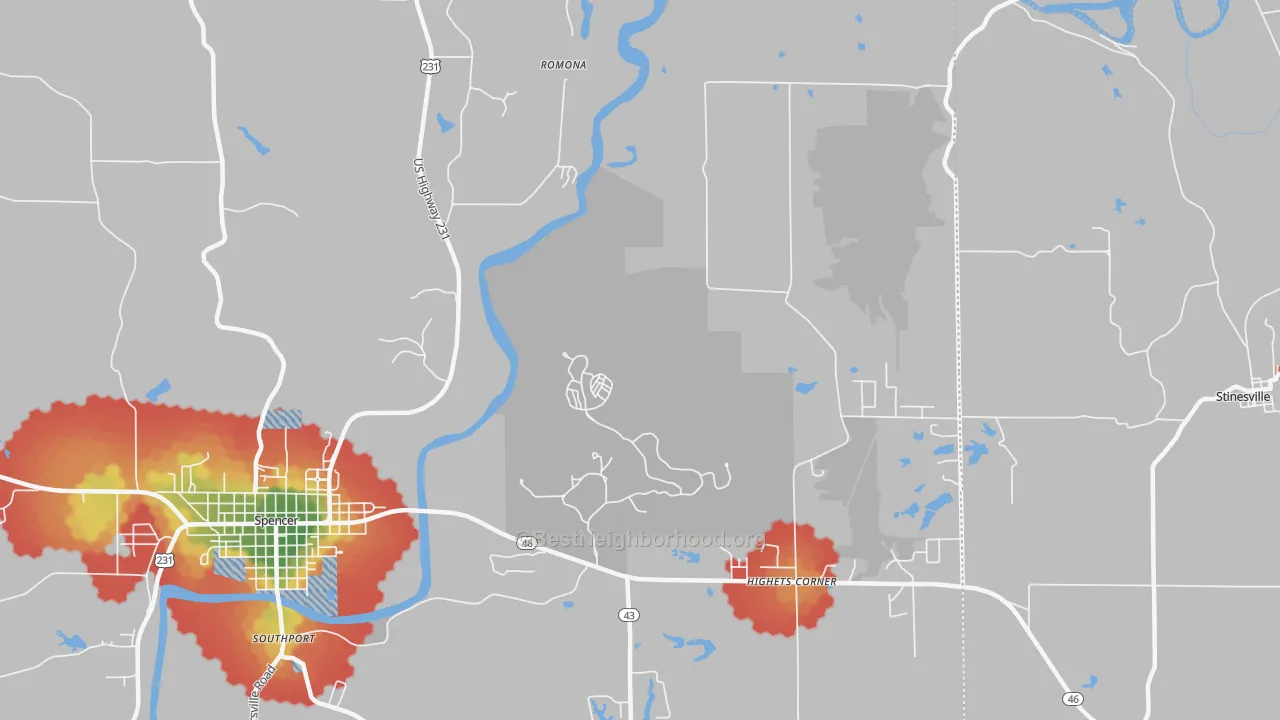 Walk Grade map of Romona, IN, walkable areas in green and car-dependent areas in red