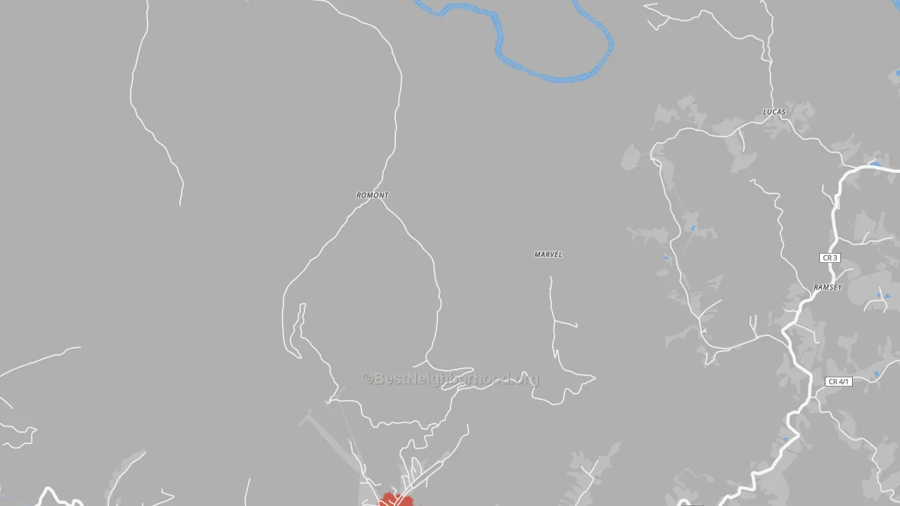 Walk Grade map of Romont, WV, walkable areas in green and car-dependent areas in red