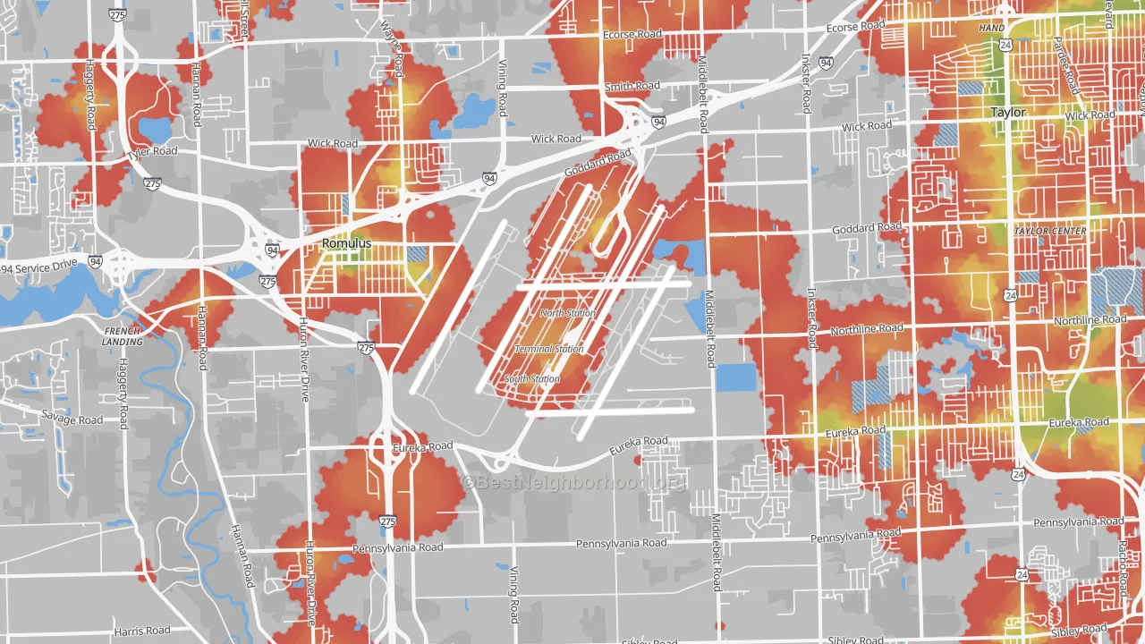 Walk Grade map of Romulus, MI, walkable areas in green and car-dependent areas in red