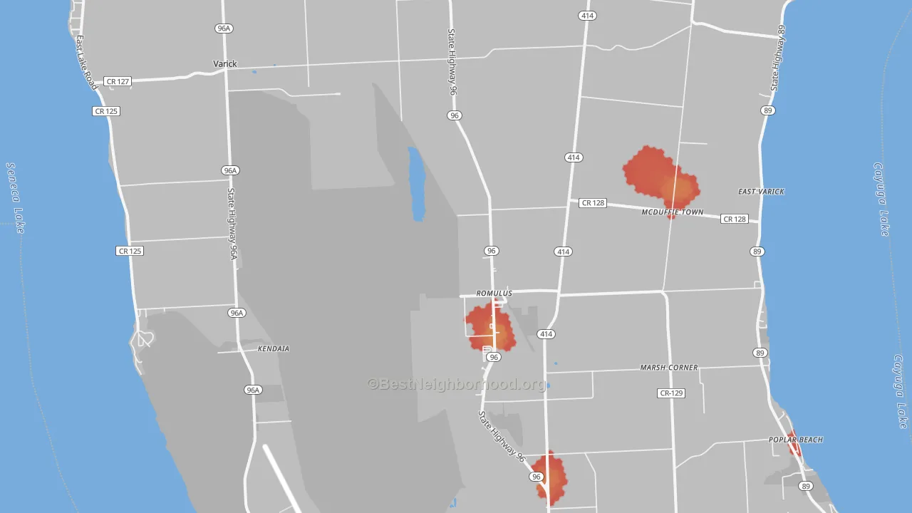Walk Grade map of Romulus, NY, walkable areas in green and car-dependent areas in red