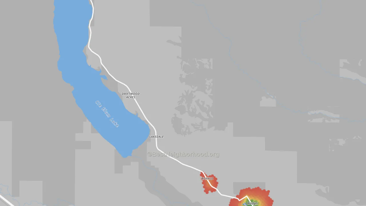 Walk Grade map of Ronald, WA, walkable areas in green and car-dependent areas in red