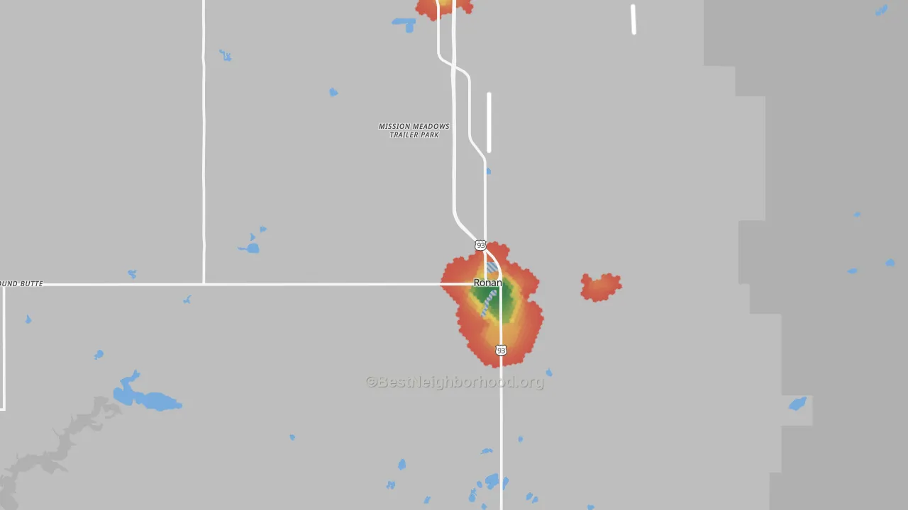 Walk Grade map of Ronan, MT, walkable areas in green and car-dependent areas in red