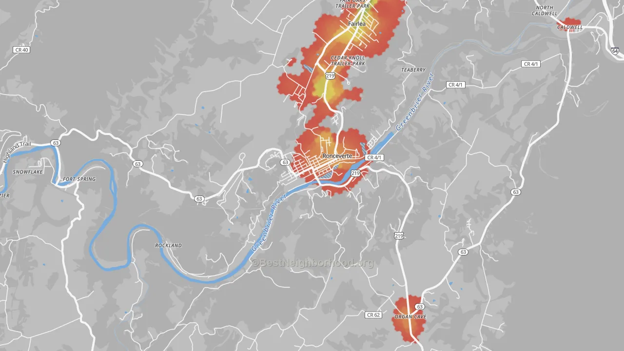 Walk Grade map of Ronceverte, WV, walkable areas in green and car-dependent areas in red