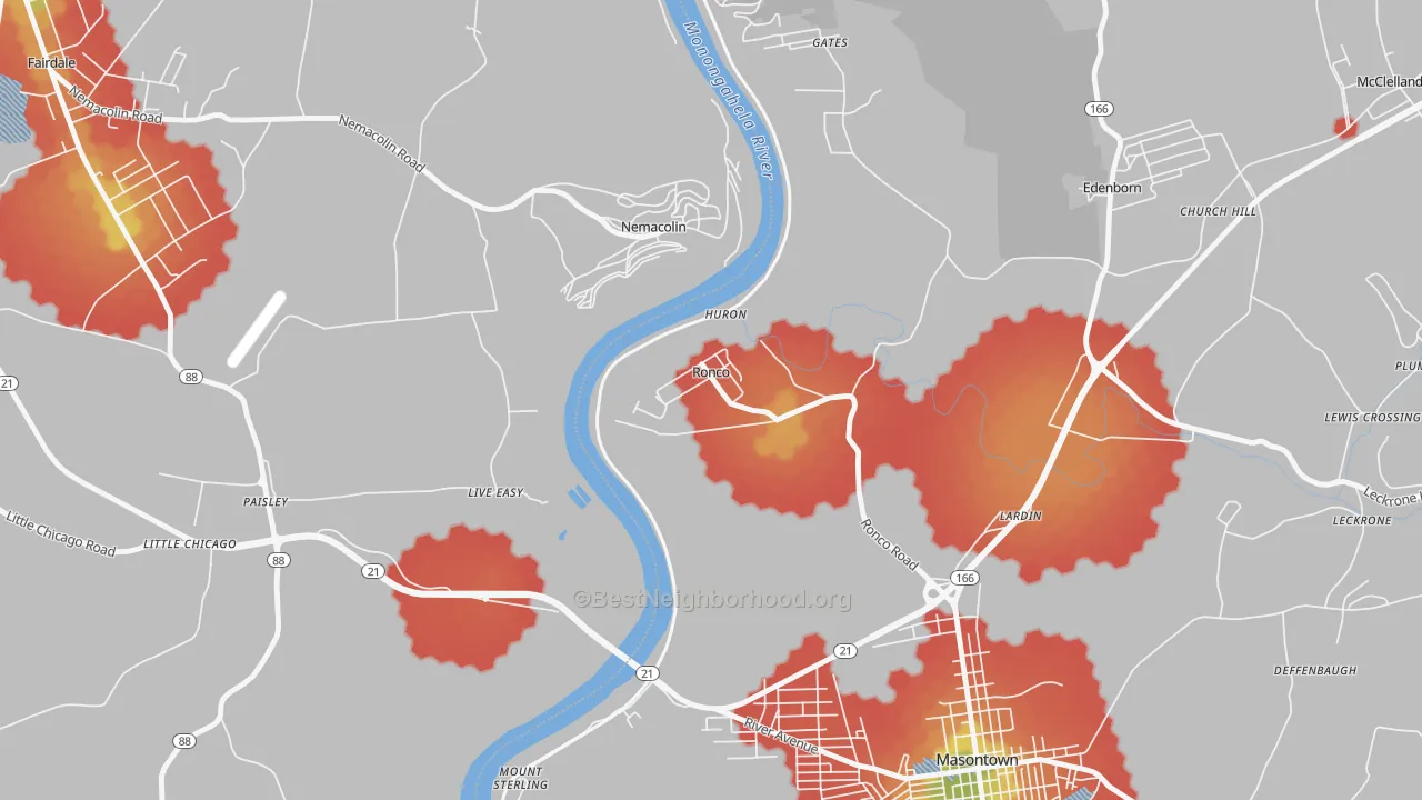 Walk Grade map of Ronco, PA, walkable areas in green and car-dependent areas in red