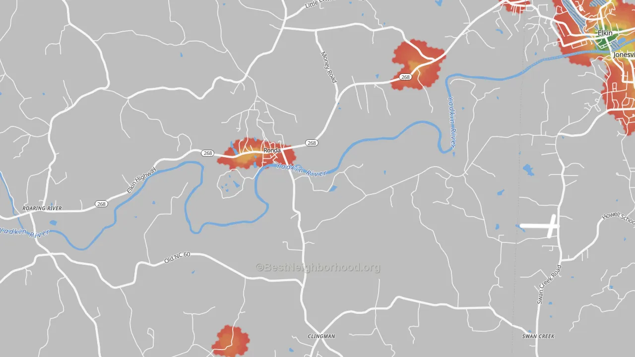Walk Grade map of Ronda, NC, walkable areas in green and car-dependent areas in red