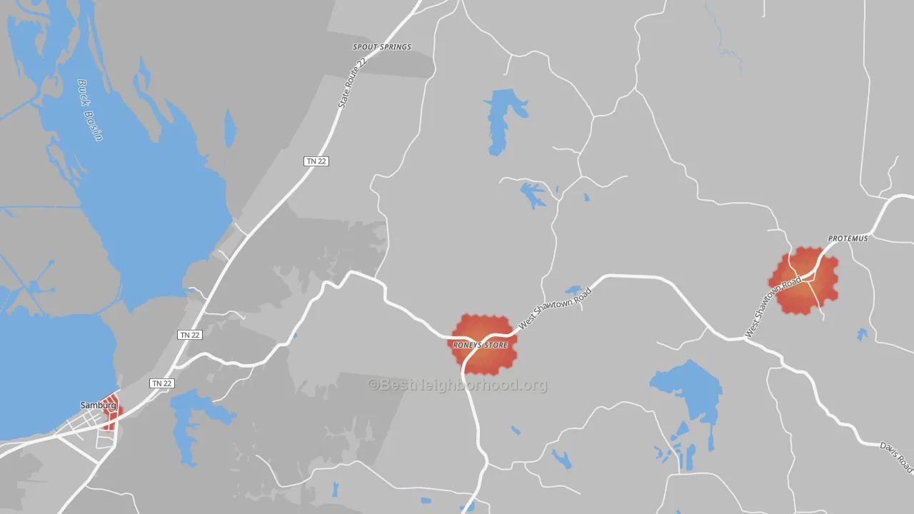 Walk Grade map of Roneys Store, TN, walkable areas in green and car-dependent areas in red
