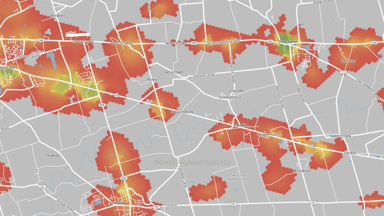 Walk Grade map of Ronks, PA, walkable areas in green and car-dependent areas in red