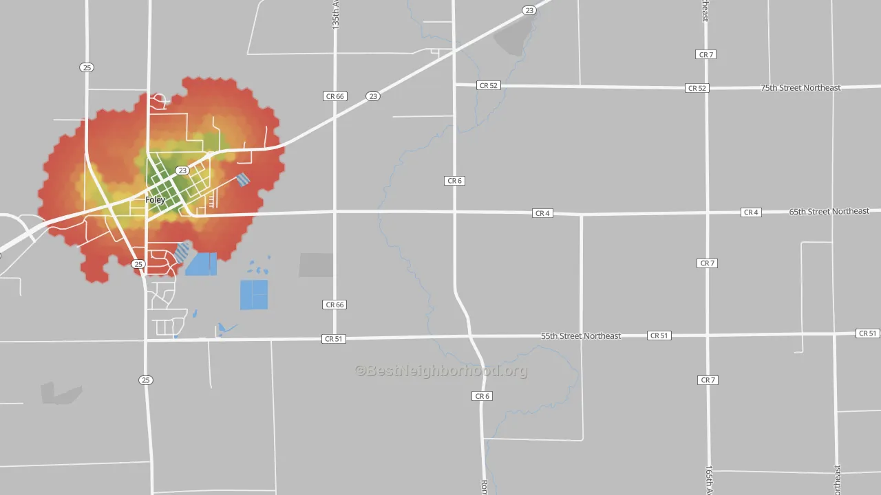 Walk Grade map of Ronneby, MN, walkable areas in green and car-dependent areas in red