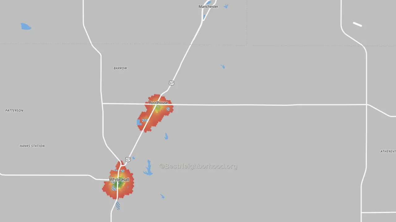Walk Grade map of Roodhouse, IL, walkable areas in green and car-dependent areas in red