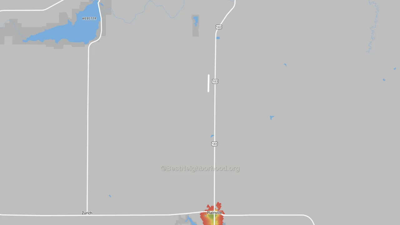 Walk Grade map of Rooks County, KS, walkable areas in green and car-dependent areas in red
