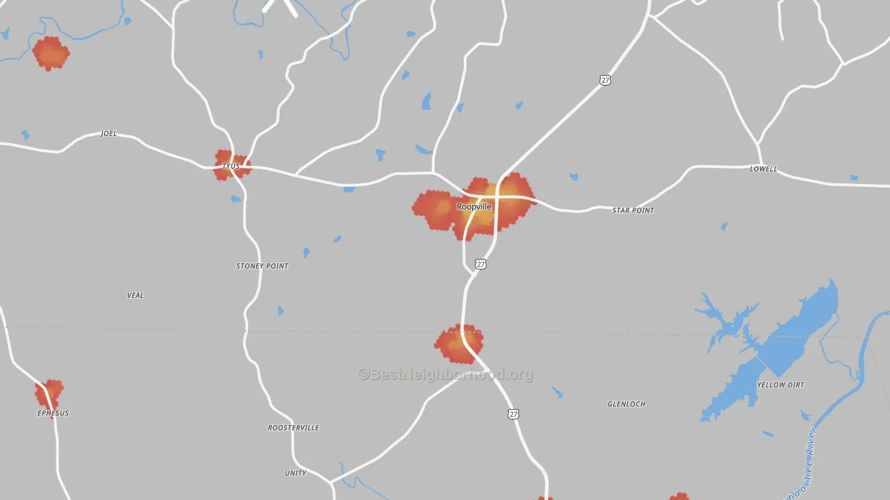 Walk Grade map of Roopville, GA, walkable areas in green and car-dependent areas in red
