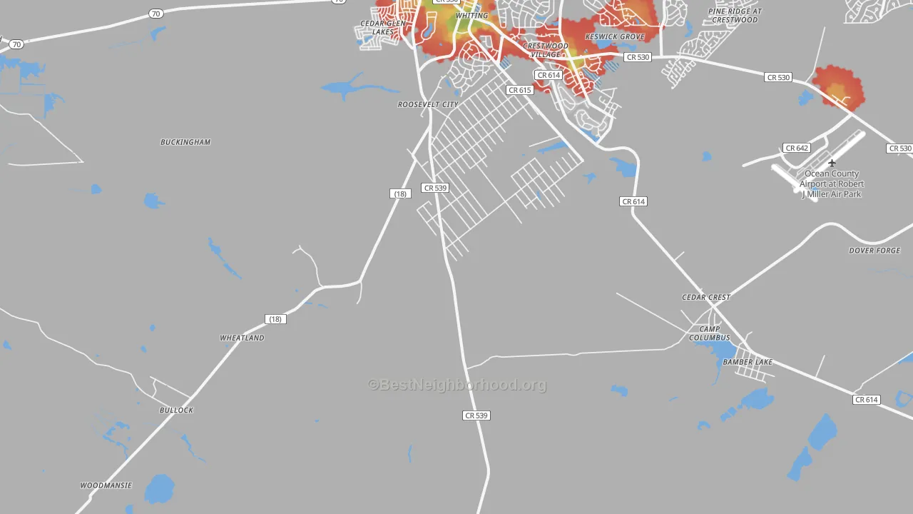 Walk Grade map of Roosevelt City, NJ, walkable areas in green and car-dependent areas in red