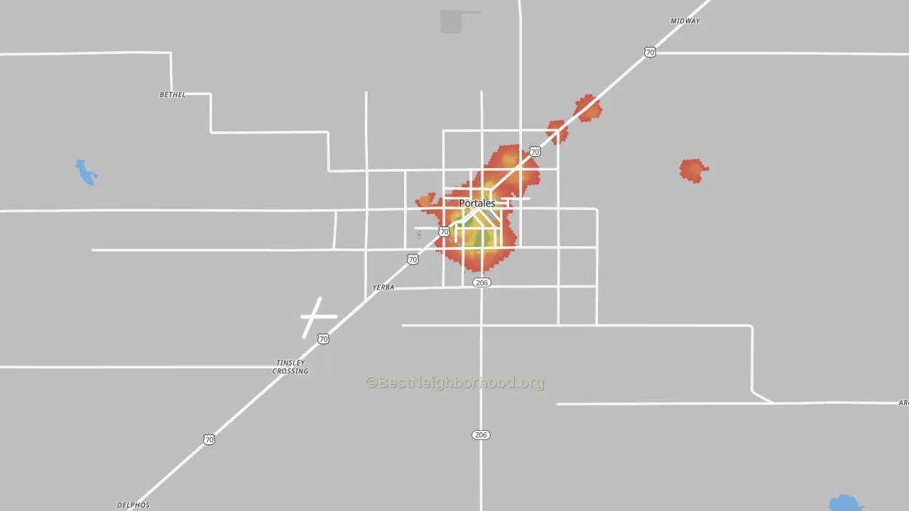 Walk Grade map of Roosevelt County, NM, walkable areas in green and car-dependent areas in red