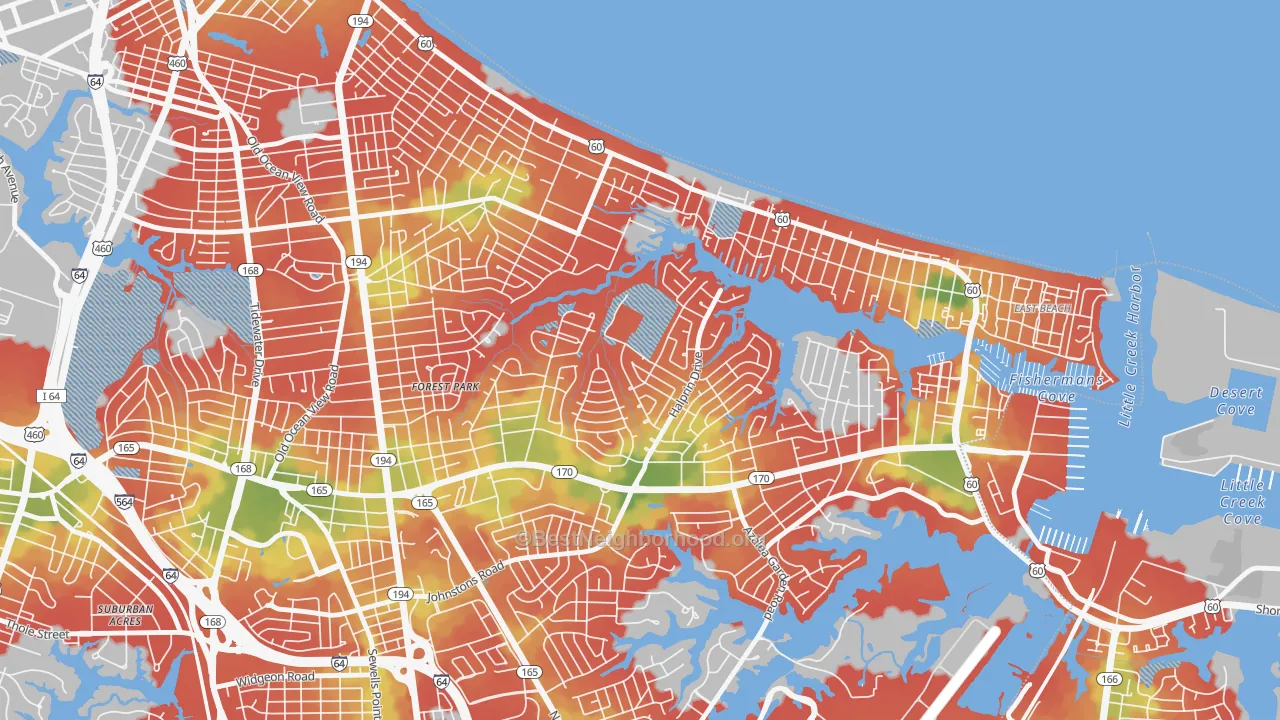 Walk Grade map of Roosevelt Gardens Area, Norfolk, VA, walkable areas in green and car-dependent areas in red