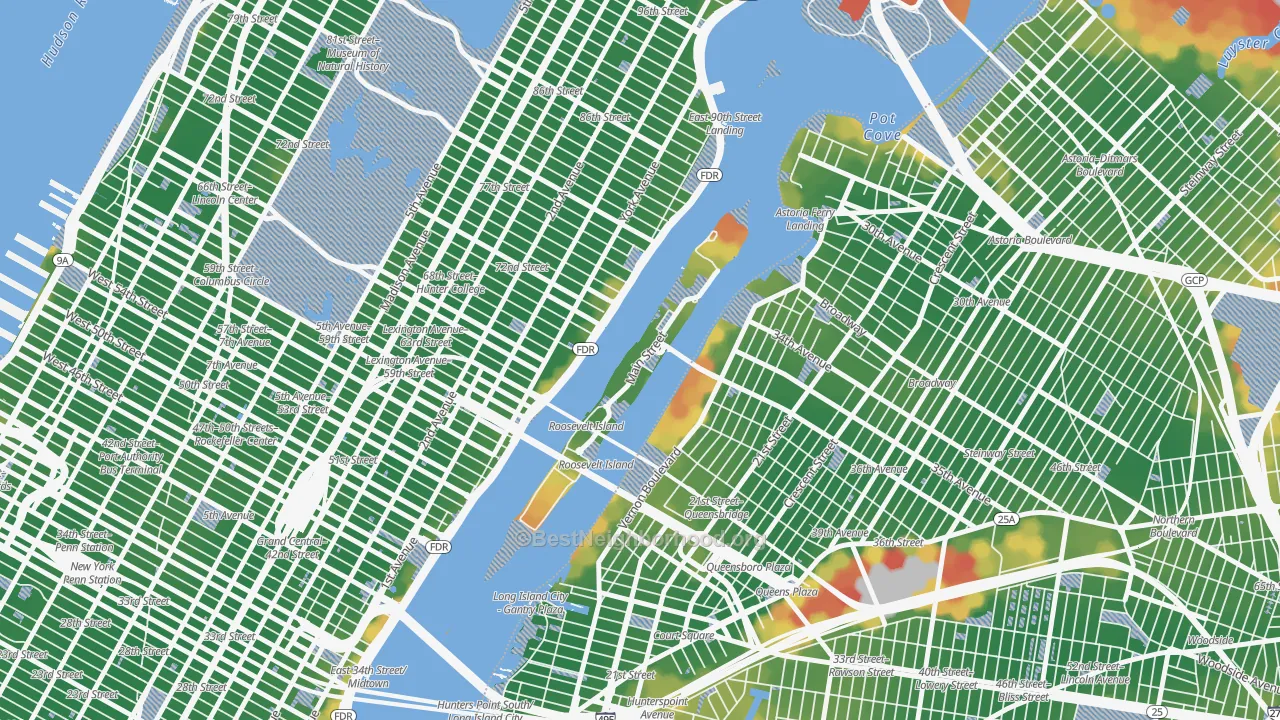Walk Grade map of Roosevelt Island, Manhattan, NY, walkable areas in green and car-dependent areas in red