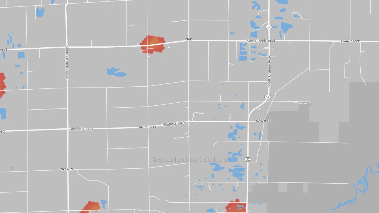 Walk Grade map of Roosevelt, MI, walkable areas in green and car-dependent areas in red