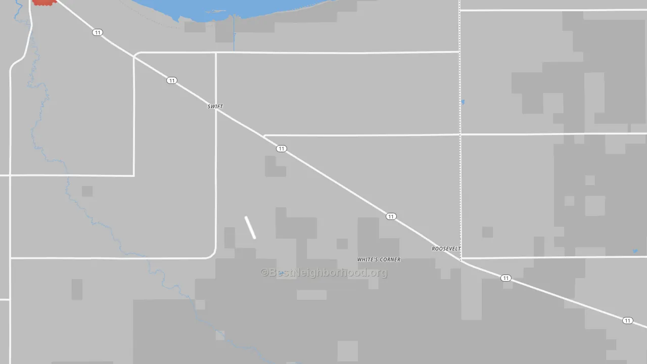 Walk Grade map of Roosevelt, MN, walkable areas in green and car-dependent areas in red