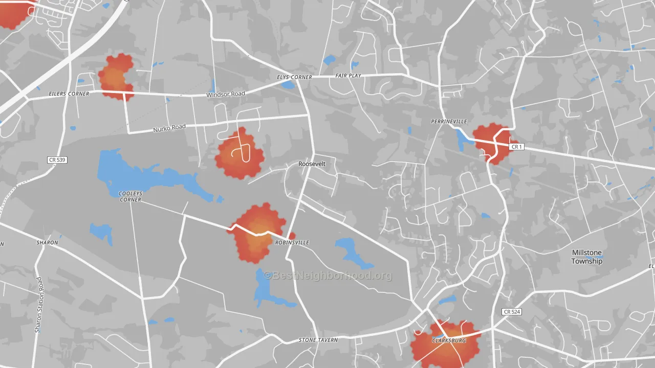 Walk Grade map of Roosevelt, NJ, walkable areas in green and car-dependent areas in red