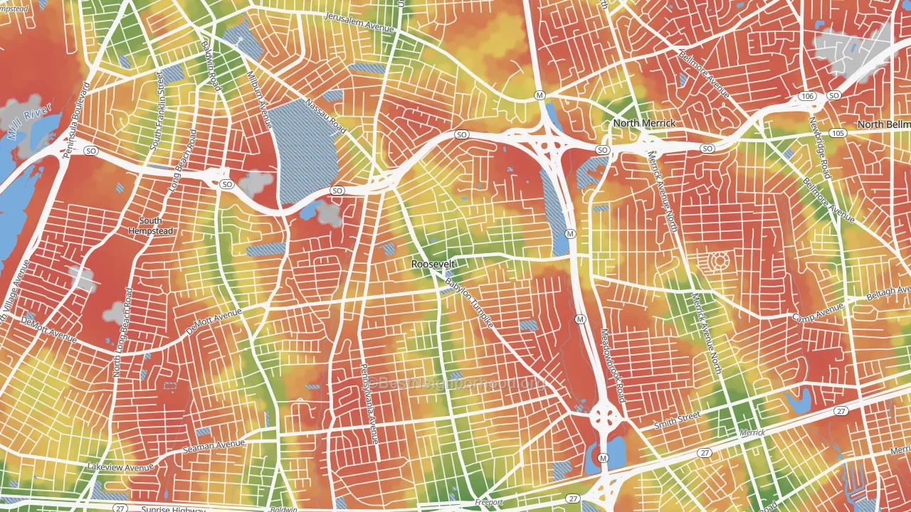 Walk Grade map of Roosevelt, NY, walkable areas in green and car-dependent areas in red