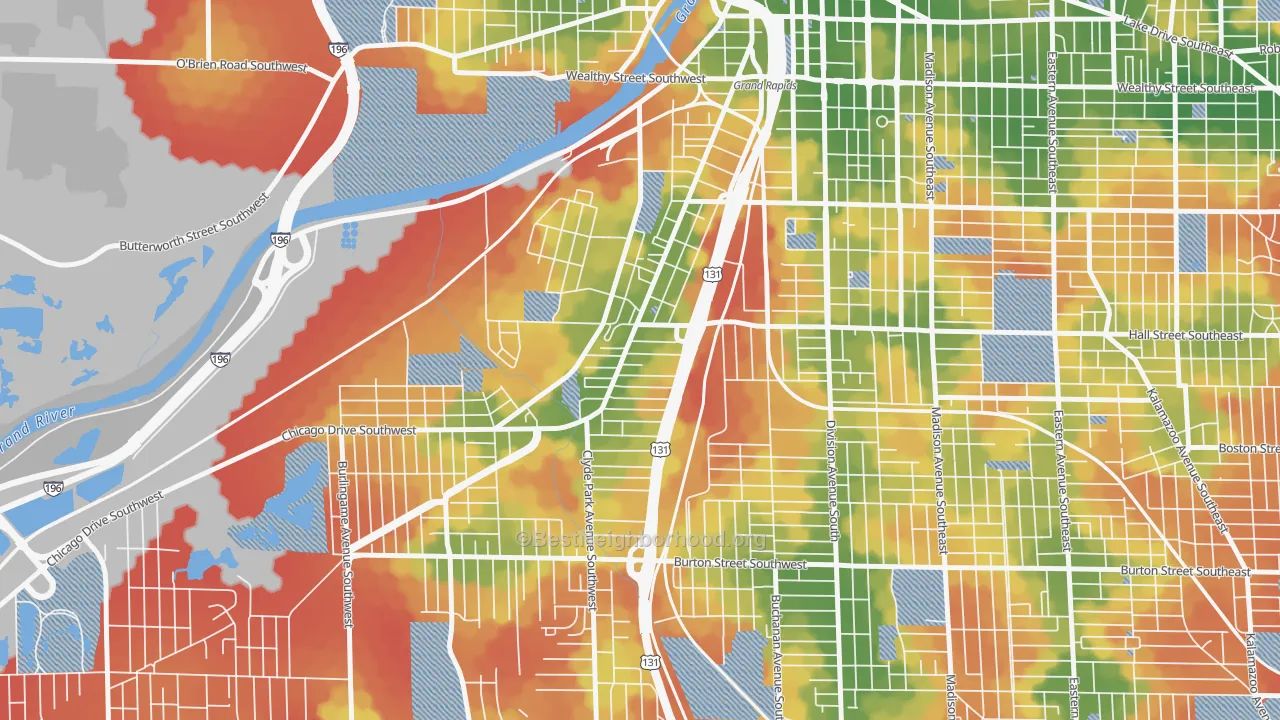 Walk Grade map of Roosevelt Park, Grand Rapids, MI, walkable areas in green and car-dependent areas in red