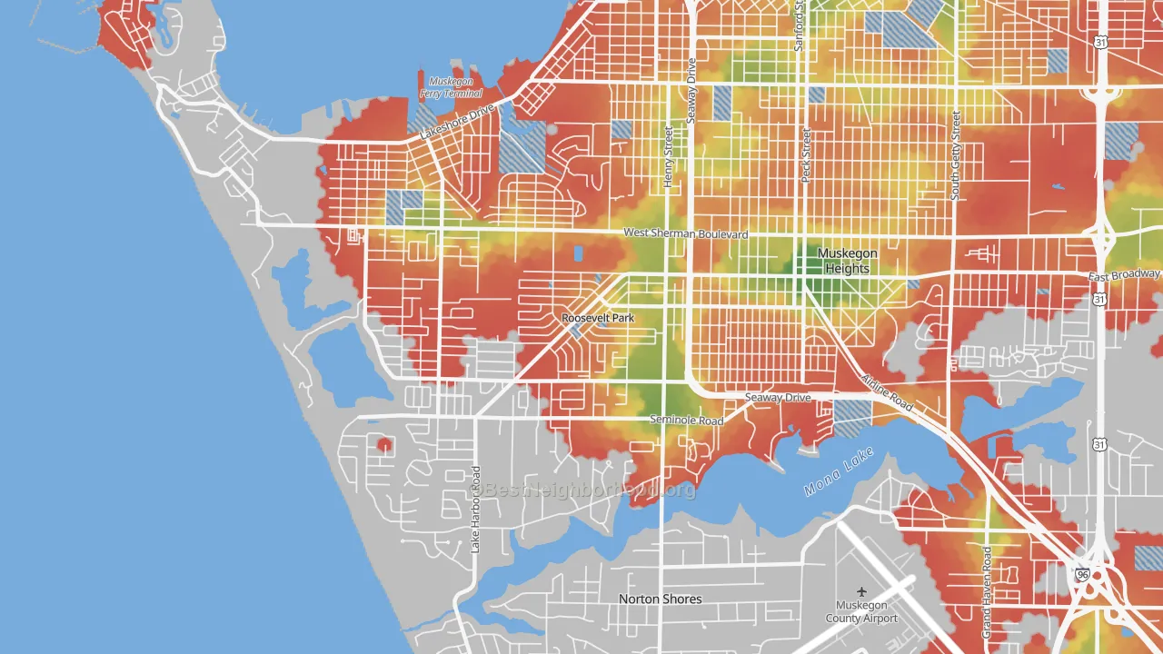 Walk Grade map of Roosevelt Park, MI, walkable areas in green and car-dependent areas in red