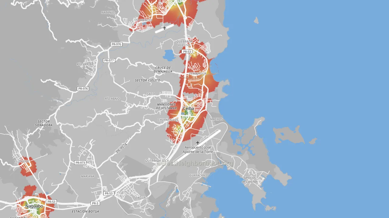 Walk Grade map of Roosevelt Roads Naval Station, PR, walkable areas in green and car-dependent areas in red