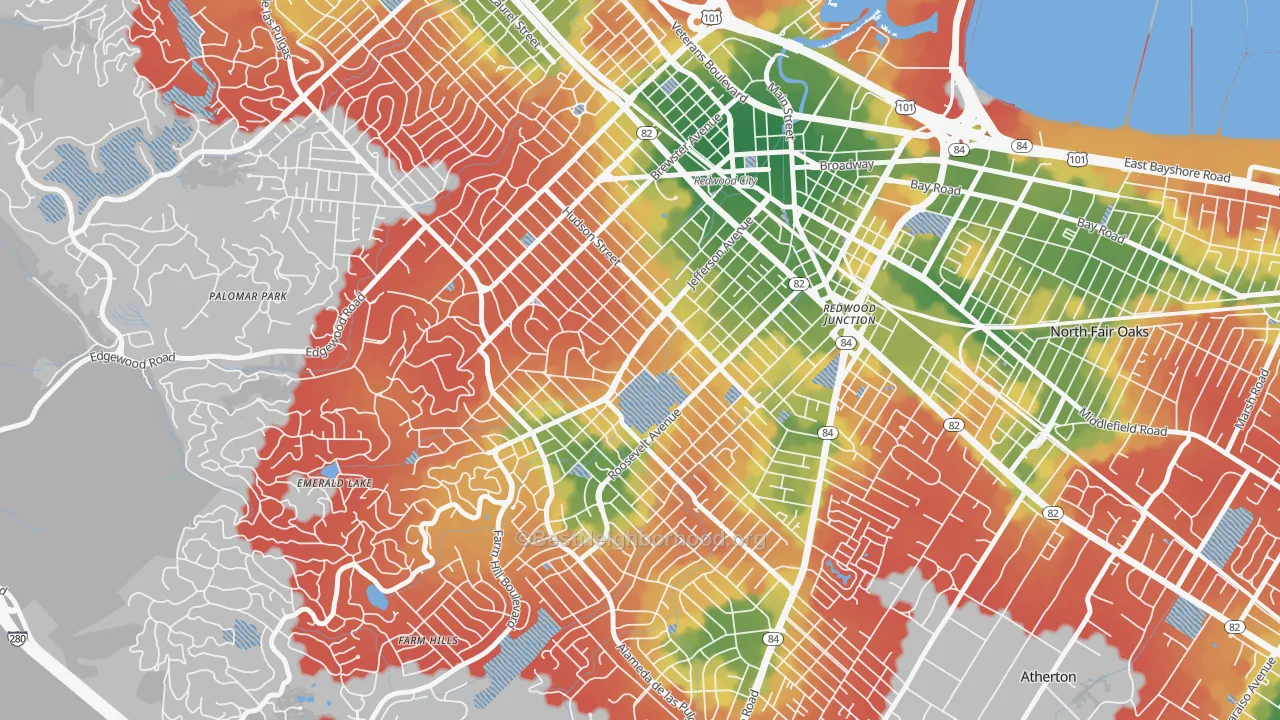 Walk Grade map of Roosevelt-San Francisco, Redwood City, CA, walkable areas in green and car-dependent areas in red