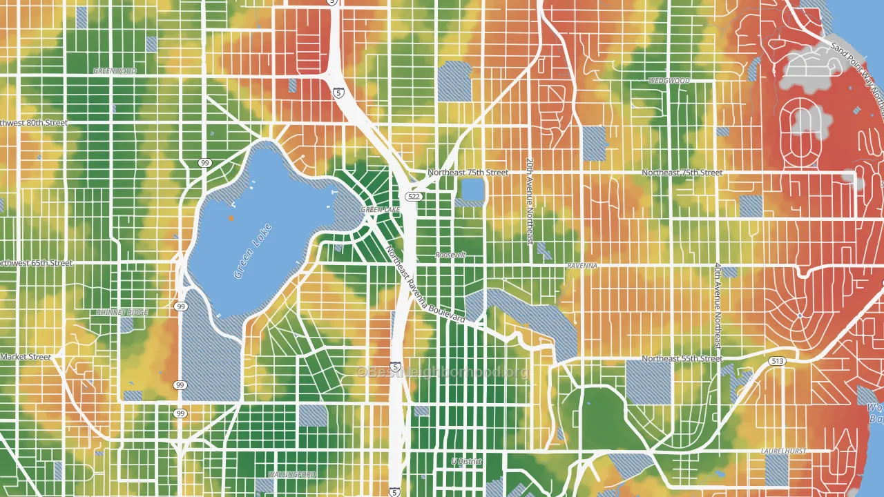 Walk Grade map of Roosevelt, Seattle, WA, walkable areas in green and car-dependent areas in red