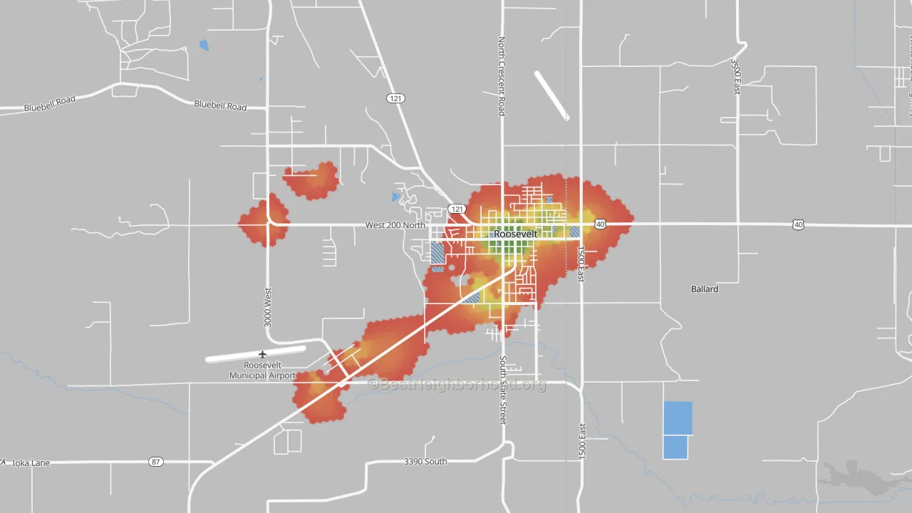 Walk Grade map of Roosevelt, UT, walkable areas in green and car-dependent areas in red